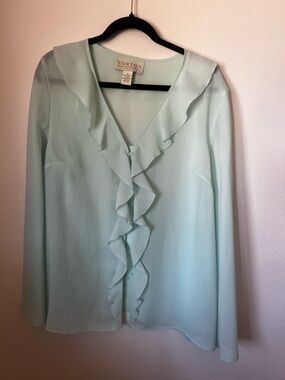 Vintage Norton McNaughton Seafoam Green Sheer Blouse Size 14 Ruffle Front Office